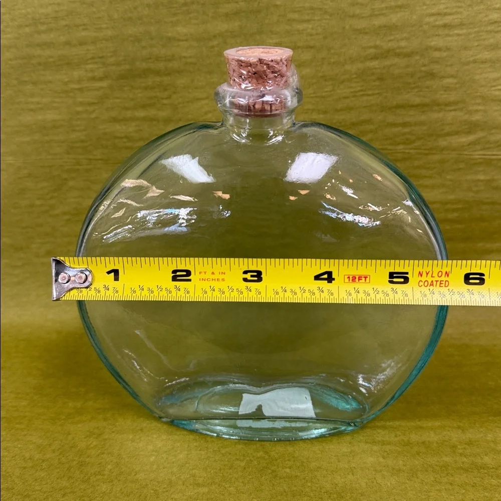 Vintage Pier 1 Clear Green Glass Bulb Vase w/ Cork Stopper Approx 6” Spain